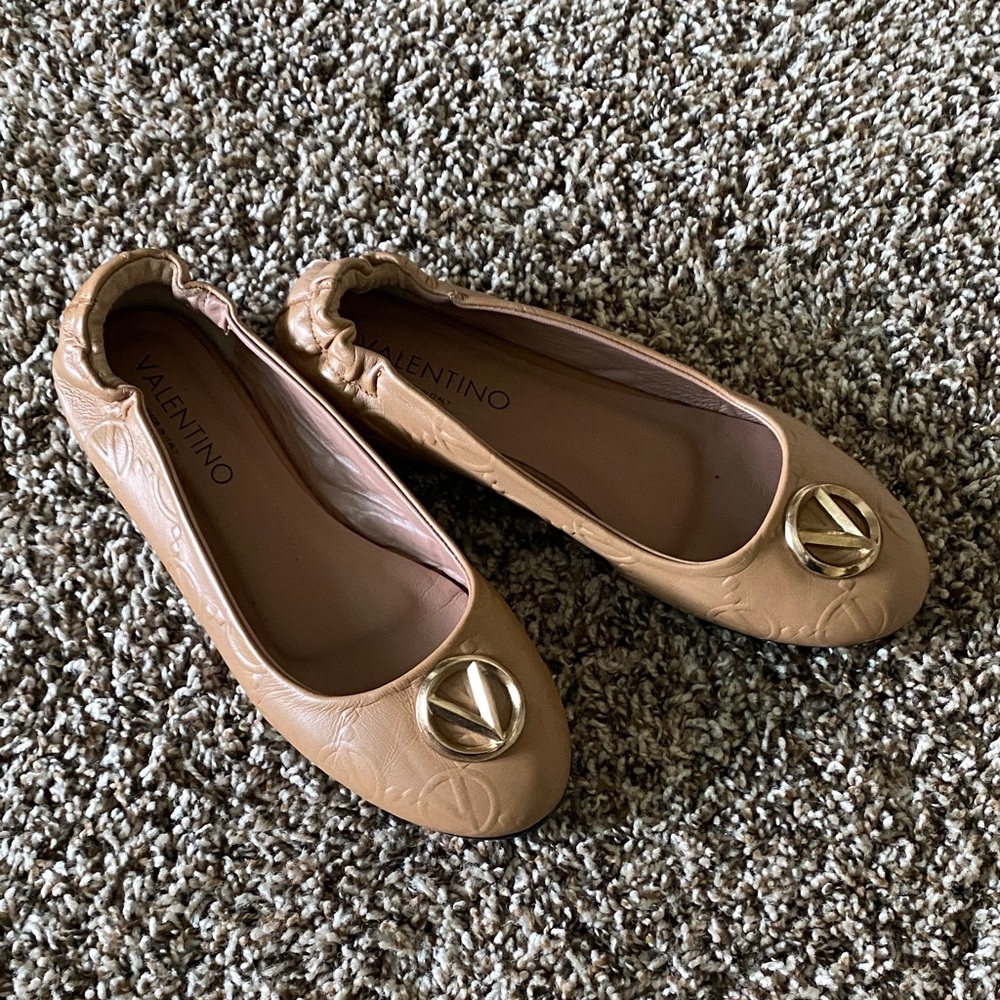 Authentic Valentino Camel Leather Flats with Gold Accents